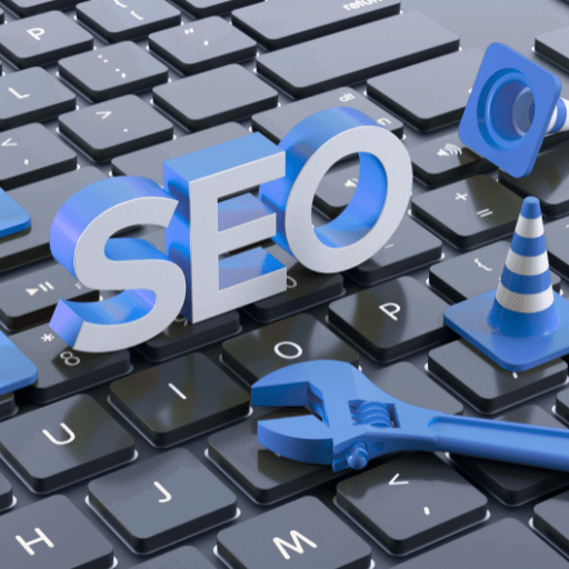 Ilustração 3D da palavra SEO com ícones de ferramentas sobre teclado de computador, representando otimização de sites.