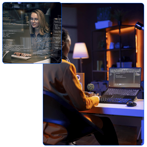 Mulher programando no computador com código na tela e outra pessoa trabalhando com laptop em ambiente de escritório moderno e iluminado.